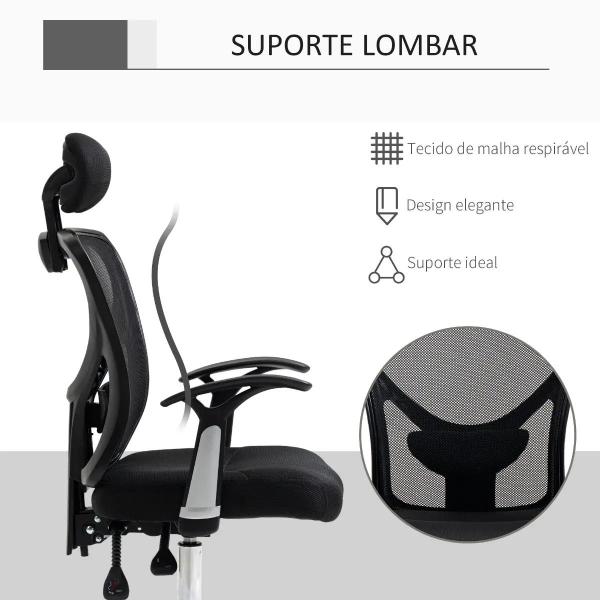 Cadeira de Escritório Ergonômica Cadeira de Escritório Giratória com Altura Ajustável Função Reclinável Apoio para a Cabeça e Suporte Lombar 65x67x108 - 118cm Preto