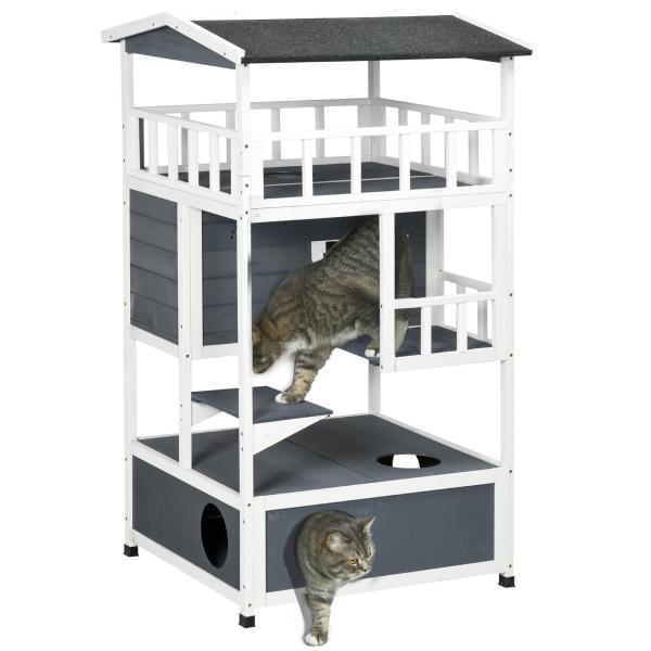Casa para Gatos Caseta de madeira em abeto com espaço amplo com 4 pisos e espaço destacável para areia 75,5x75x137 cm
