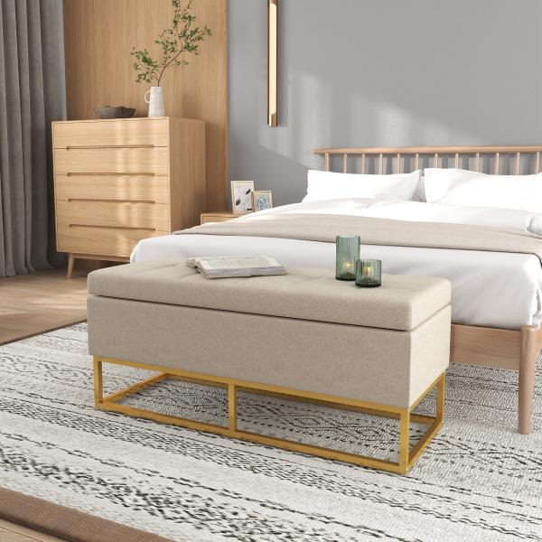 Banco de Armazenamento Retangular Estofado em Linho com Pés de Aço para Sala de Estar Dormitório 110x44x48 cm Bege