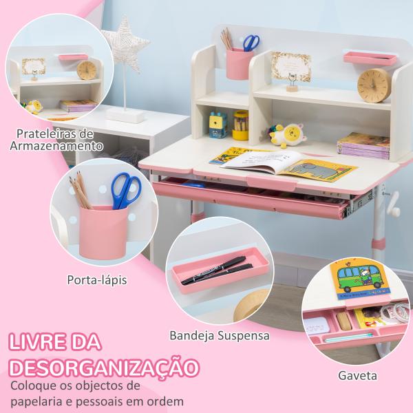 Conjunto de Secretária e Cadeira para Crianças com Altura Ajustável e Bancada Inclinável 80x52x88x109cm e 35,5x44,5x66 - 80cm Rosa