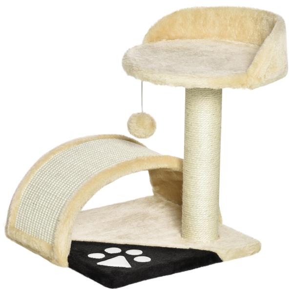 Árvore Arranhador para Gatos de 2 Níveis com Poste e Tapete de Arranhar Cama e Bola Suspensa 35,5x37x46 cm Bege
