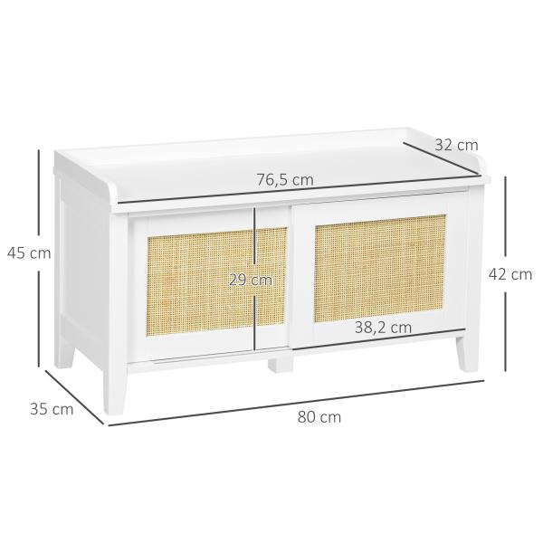 Banco Sapateira com 2 Portas de Vime Estilo Boémio Carga Máxima 130 kg para Corredor Entrada 80x35x45 cm Branco e Bege