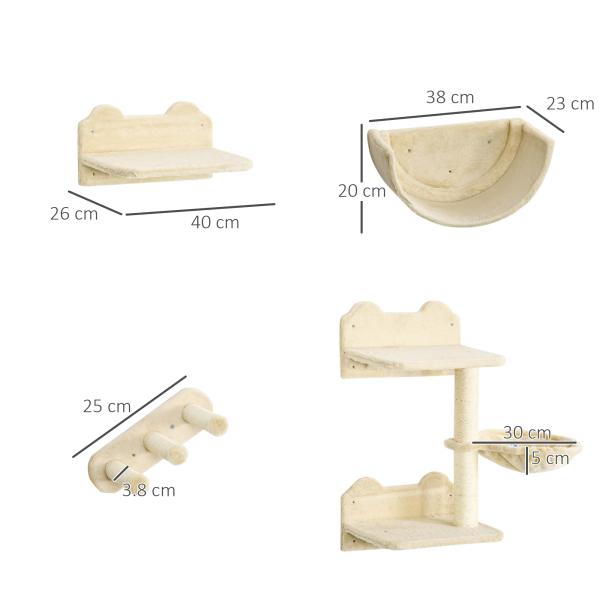 Prateleiras de Parede para Gatos 4 Peças com Rede Plataforma Semicircular Plataformas de Salto e Poste de Sisal Bege