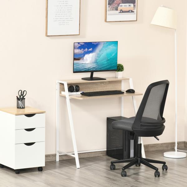 Secretária Mesa de Computador 84x45x85cm com Bancada de Madeira e Pés de Metal Estilo Moderno Carvalho e Branco