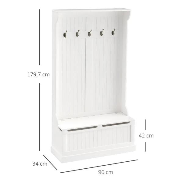 Móvel Cabide de Entrada com Banco Armário de Entrada com Cabide 5 Ganchos e Espaço de Armazenamento 96x34x179,7cm Marfim