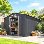 Abrigo de Jardim Metálico para Armazenamento de Ferramentas com Base de Reforço Incluída e 4 Janelas 277x322x192 cm Cinza Escuro