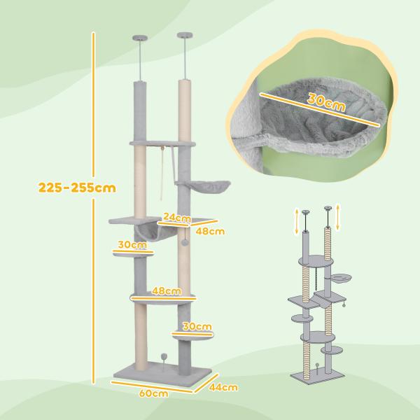 Arranhador para Gatos do Chão ao Teto 225 - 255 cm com 7 Níveis Rede Plataformas Postes de Arranhar Cinza