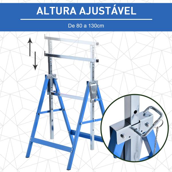 Conjunto de 2 Cavaletes Telescópicos Dobráveis com Altura Ajustável Cavaletes de Serra de Aço para Mesa de Trabalho Carga 200kg 68x58x80 - 130cm Azul e Prata
