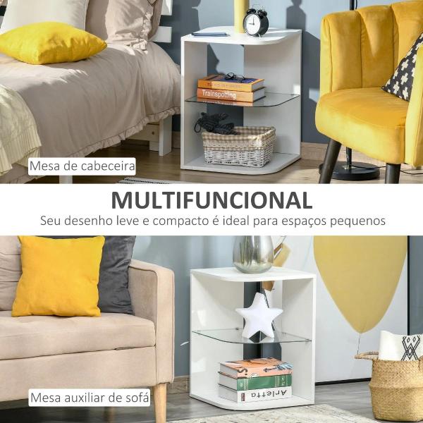 Mesa Auxiliar Moderna Mesa de Cabeceira com 3 Prateleiras 1 de Vidro para Sala de Estar Dormitório 40x40x56cm Branco