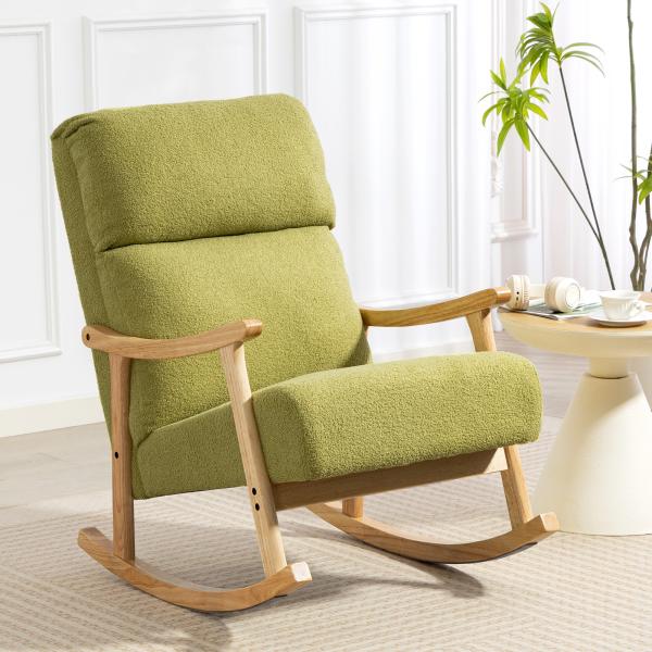 Poltrona Baloiço Moderna em Borrego com Apoio para os Braços de Madeira de Faia Poltrona de Amamentação 65x90x98 cm Verde claro