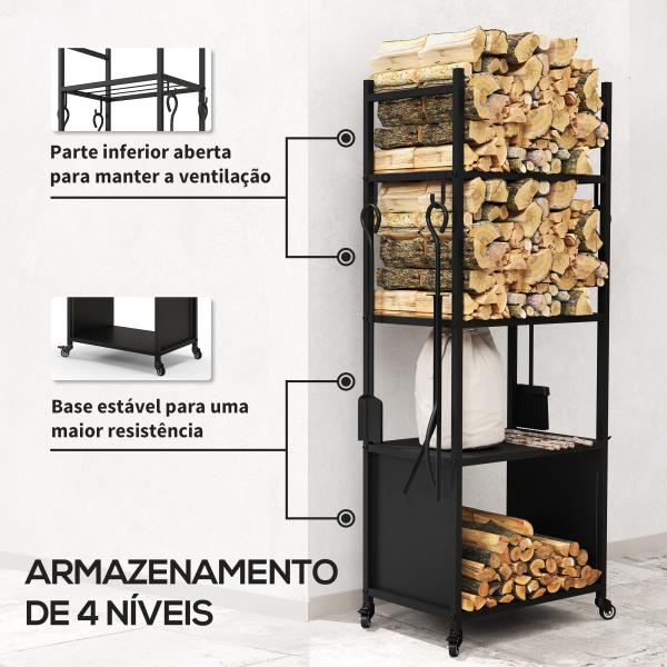 Suporte para Lenha com Rodas de 4 Níveis com Pá Escova Atiçador e Tenaz para Interior e Exterior 45x30x118 cm Preto