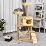 Arranhador para Gatos com Poste de Arranhar de Juta 2 Camas Rede Caverna Bola Suspensa Rede e Rampa 60x40x130 cm Madeira