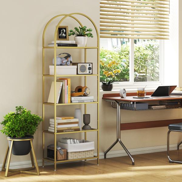 Estante de Vidro de 5 Níveis Estante de Arrumação Estrutura Arqueada Estante Estreita 60x30x175 cm Dourado