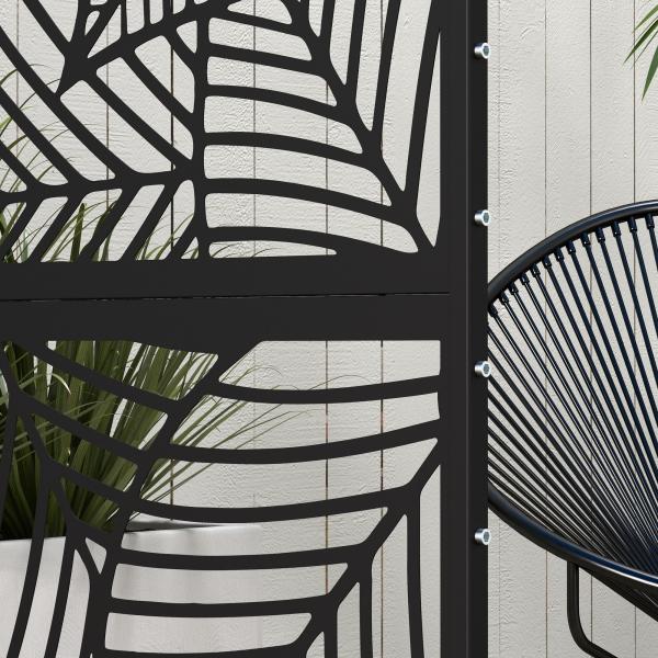 Biombo de 3 Painéis 122x198 cm Biombo Separador de Ambientes com Suporte Design de Folhas Grandes Preto