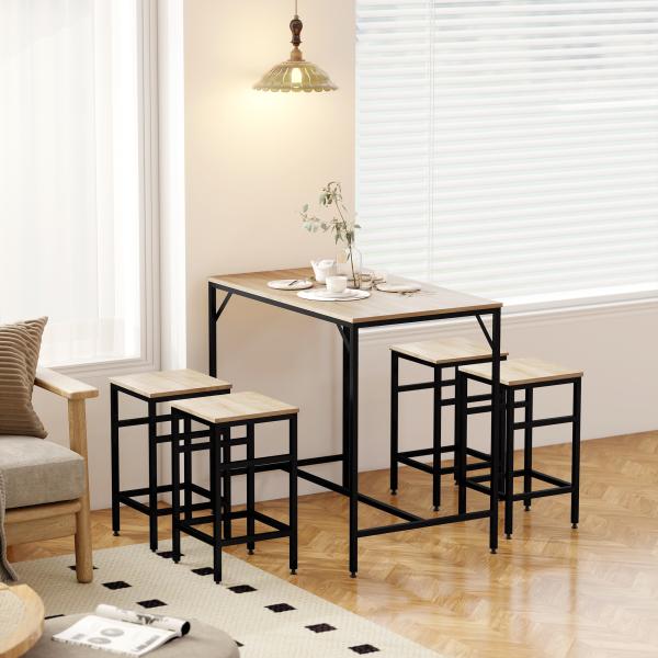 Conjunto de Mesa de Bar com 4 Bancos com Apoio para os Pés Conjunto de Móveis de 5 Peças Mesa de 100x60x88cm e Bancos de 32x32x57cm para Sala de Jantar Cozinha Preto e Carvalho