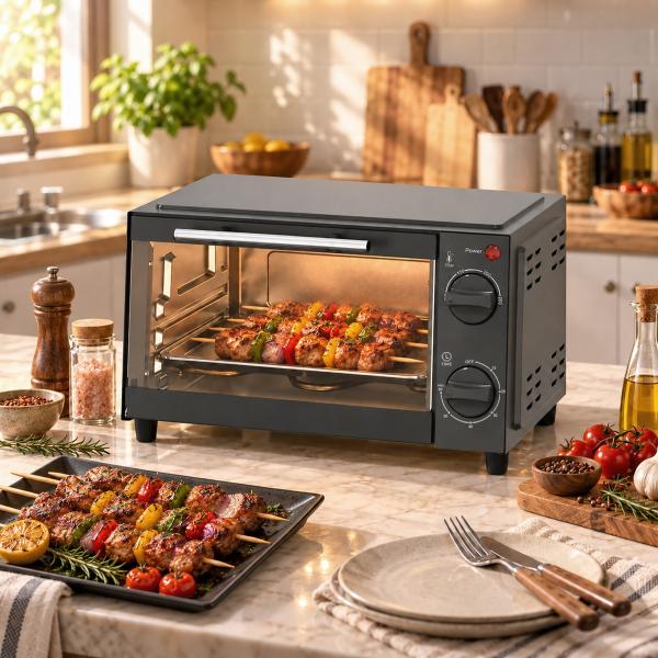 Mini Forno Elétrico 9 L de Bancada 750 W com Temperatura Ajustável e Temporizador, 35x24,6x20 cm, Cinzento