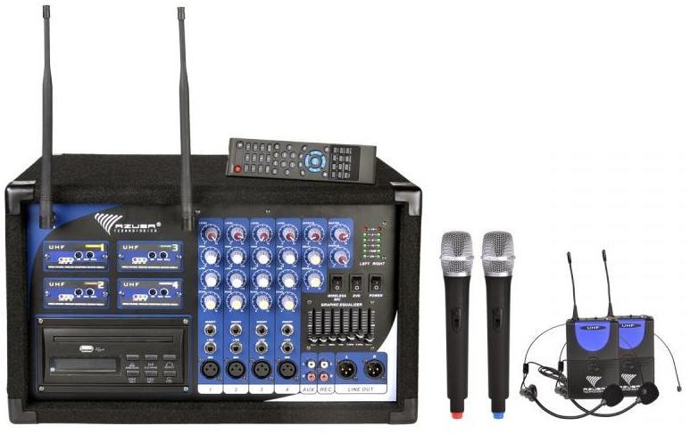 Central 4 Microfones s/ Fios UHF (2 Cabeça + 2 Mão) 2x 200W c/ Leitor DVD/CD/USB (PA - 180) - AZUSA