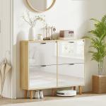Sapateira Estreita com 4 Portas em Branco Brilho Prateleiras Ajustáveis Pernas de Madeira para 20 Pares de Sapatos 105x24x92,5 cm