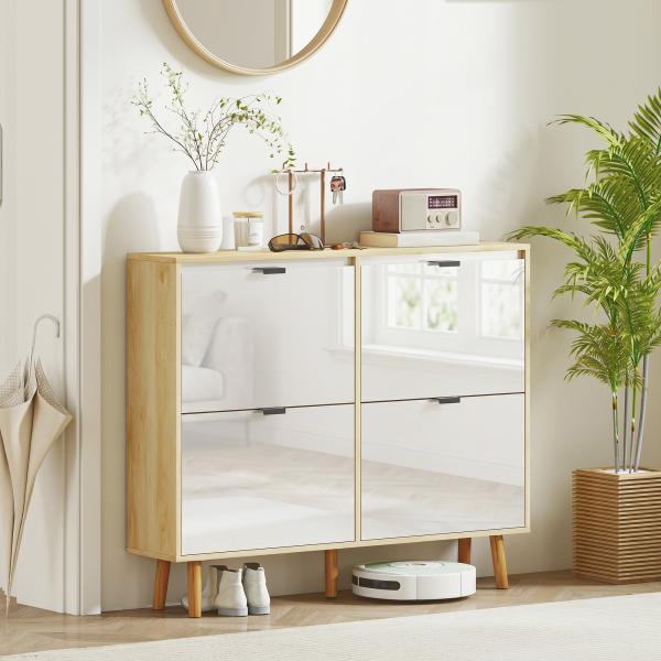 Sapateira Estreita com 4 Portas em Branco Brilho Prateleiras Ajustáveis Pernas de Madeira para 20 Pares de Sapatos 105x24x92,5 cm
