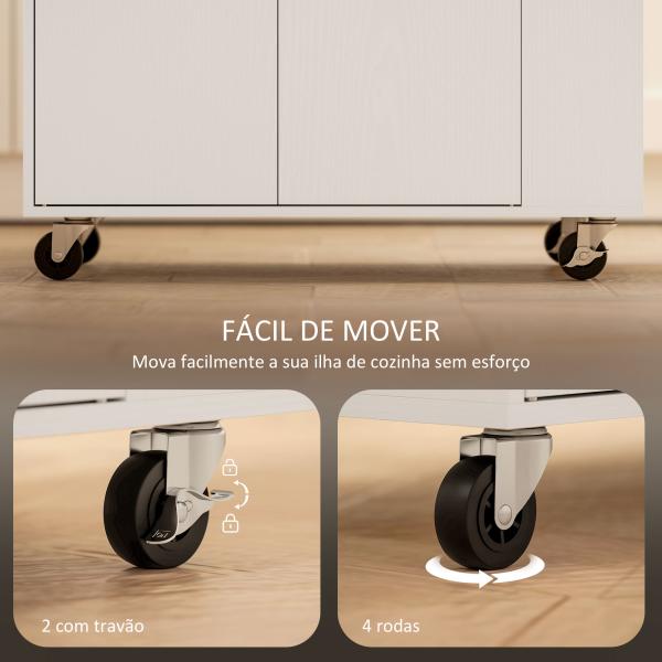 Ilha de Cozinha com Rodas com Gaveta Suporte para Temperos de 3 Níveis e Prateleira Ajustável 82x38x86,5 cm Branco