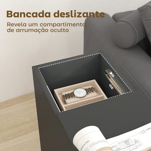 Mesa Auxiliar com Bancada Deslizante e Rodas Mesa Auxiliar com Armazenamento Oculto e Prateleira Ajustável 45x25x70 cm Preto