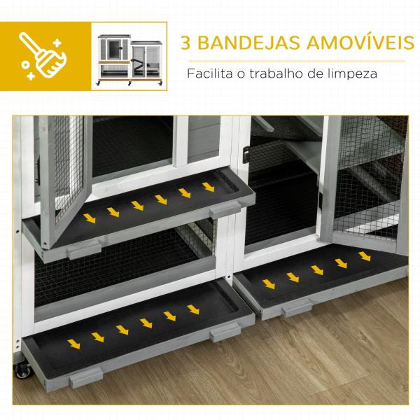 Coelheira de Madeira Interior Gaiola para Coelhos de 2 Níveis com Rodas 2 Rampas 3 Bandejas Amovíveis 110x50x86 cm Cinza