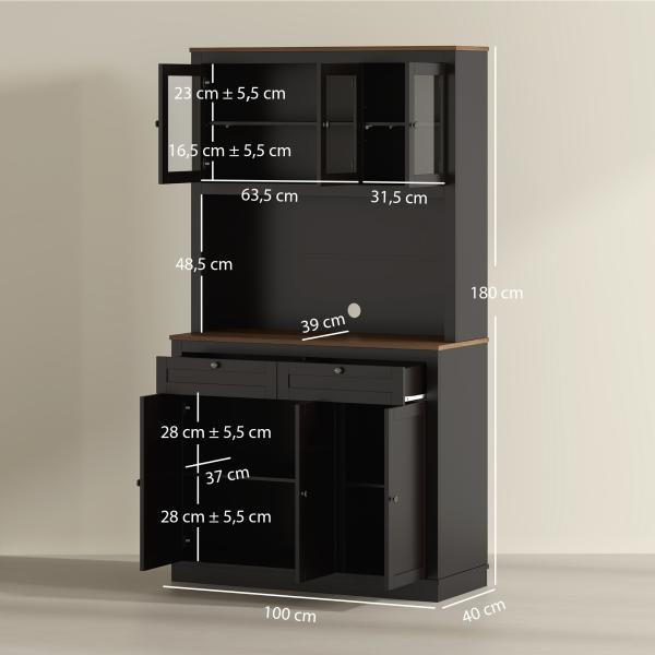 Armário de Cozinha com 3 Portas de Vidro Compartimento Aberto 2 Gavetas e Prateleiras Ajustáveis 100x40x180 cm Preto