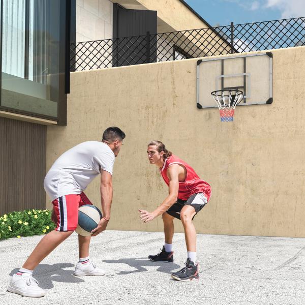 Tabela de Basquetebol de Parede com Aro, Rede e Estrutura em Aço para Exterior, 113x61x73 cm, Branco e Preto