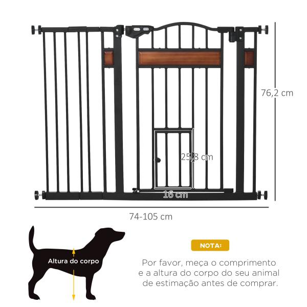 Barreira de Segurança para Cães Extensível para Portas Escadas 74 - 105cm com 2 Extensões de 10 e 15cm com 2 Portas e Fechadura Automática Aço Preto