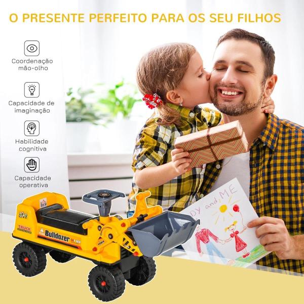 Trator sem Pedais para Crianças de 2 - 3 Anos com Pá Escavadora Espaço de Armazenamento Oculto Volante e Buzina 70x26x37cm Amarelo