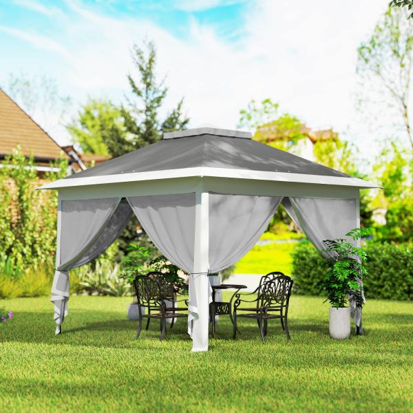 Tenda Dobrável 3,3x3,3 m Pop - up Altura Ajustável Teto Duplo Mosquiteiras Removíveis e Bolsa de Transporte Anti - UV Cinzento