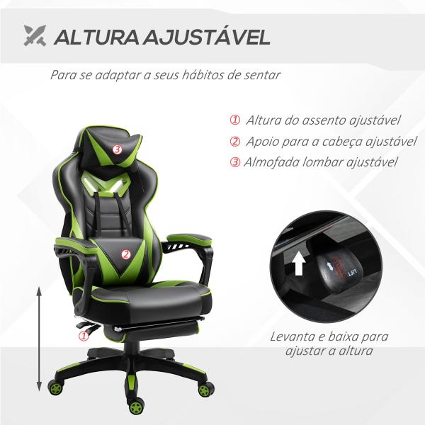 Cadeira de escritorio gaming ergonômica Altura Ajustável reclinável com apoio para pés Verde e Preto