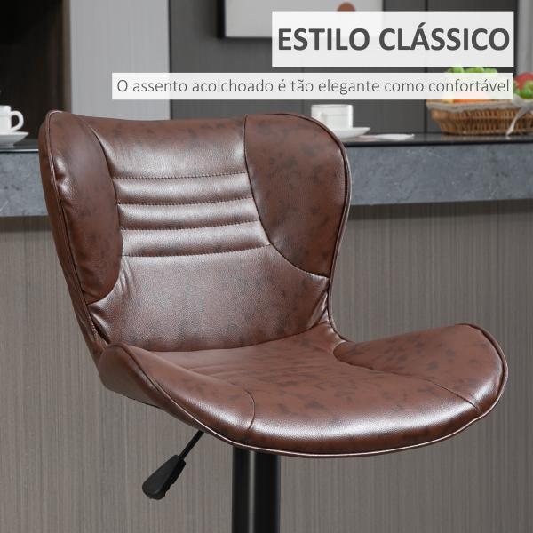 Conjunto de 2 Bancos de Bar Estofados em Couro Sintético Bancos Altos com Altura Ajustável Giratório com Encosto e Apoio para os Pés 46,5x54x88 - 108cm Marrom