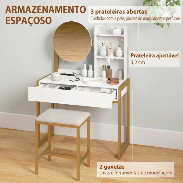 Toucador de Maquilhagem com Espelho e Banco Acolchoado Estação de Carregamento 2 Gavetas 3 Prateleiras para Quarto Branco
