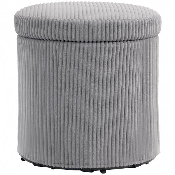 Puff de Arrumação Baú de Arrumação Redondo Estofado em Veludo Cotelê Tampa Removível Ø40x41 cm Cinza Claro