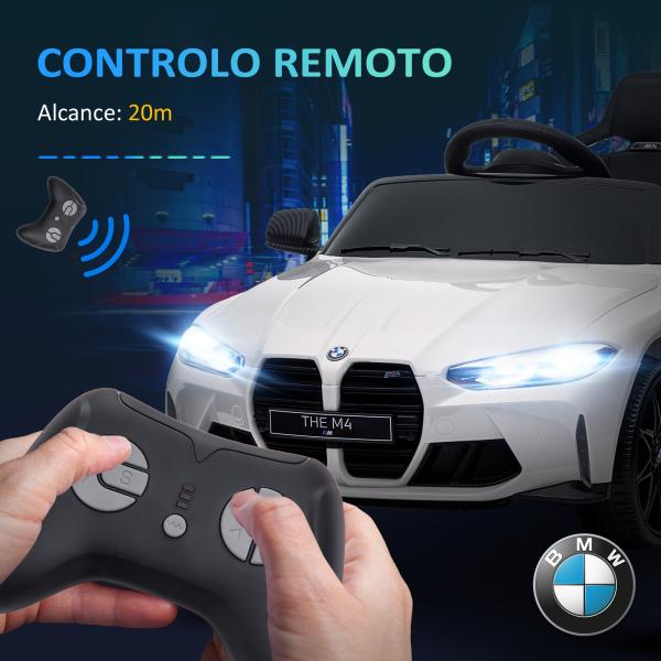 Carro Elétrico para Crianças BMW M4 12V com Controlo Remoto Faróis Buzina Música e Velocidade 3 - 5 km/h 108x69,5x51 cm Branco