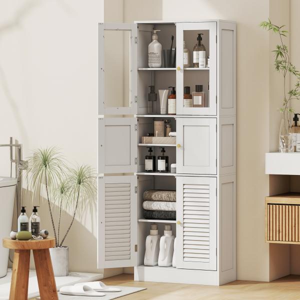 Armário de Casa de Banho Alto com Portas de Vidro Portas de Ripas e Prateleiras Ajustáveis 60x30x170 cm Branco