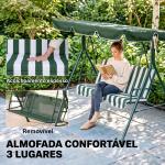 Baloiço de Jardim de 3 Lugares com Almofada Toldo Ajustável e Estrutura de Metal 172x110x153cm Verde e Branco
