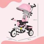 Triciclo Evolutivo para Bebés de +12 Meses 2 em 1 com Toldo Dobrável Guiador Cinto de Segurança e Cesto 95x50x106 cm Rosa