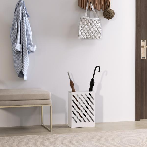 Suporte para Guarda - Chuvas de Aço Galvanizado Estreito com Bandeja de Gotejamento Removível 4 Ganchos 28x14x41 cm Branco