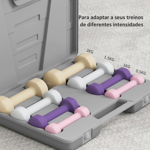 Conjunto de Halteres de 8 Peças 2x0,5 kg 2x1 kg 2x1,5 kg 2x2 kg Antiderrapantes com Mala de Transporte Multicoloridos