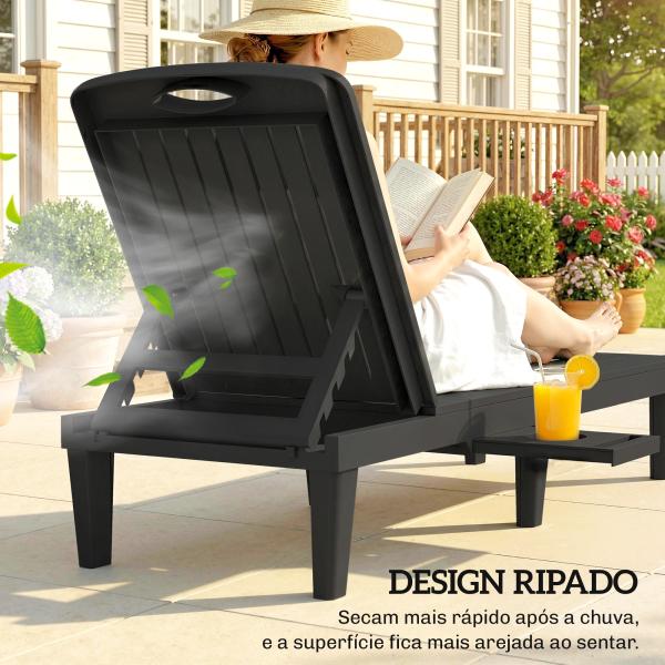 Conjunto de 2 Espreguiçadeiras Reclináveis em Plástico PP com Bandeja Lateral e Encosto Ajustável 5 Níveis 192x57x28,5 cm Preto