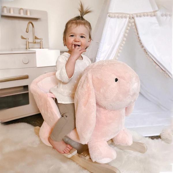 Baloiço Infantil com Forma de Coelho de Pelúcia Baloiço para Bebés 18 - 36 Meses com Som Cinto de Segurança Guidão e Apoio para os Pés 60x33x50cm Rosa