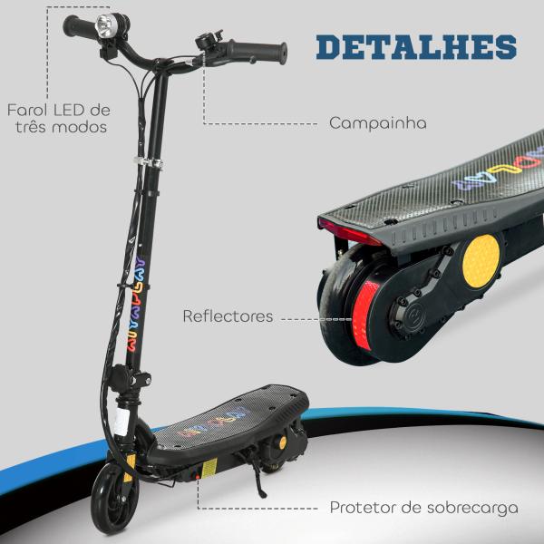 Trotinete Elétrica Dobrável com Velocidade Máx. 12 km/h Motor 120 W Autonomia Máxima 10 km e Farol LED 75x48x93 - 105 cm Preto