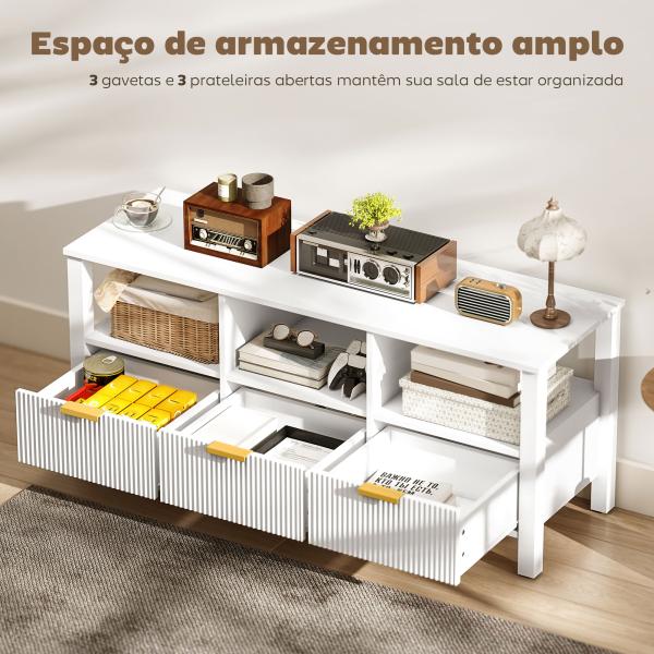Móvel de TV Moderno com 3 Gavetas e 3 Prateleiras Abertas para Televisores de 43 - 55 Polegadas 120x39,5x50 cm Branco