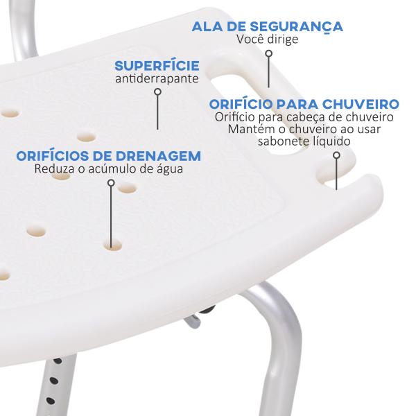 Cadeira para Duche Antiderrapante com Altura Ajustável em 8 Níveis Cadeira de Banho 50,6x43x71 - 88 cm Branco