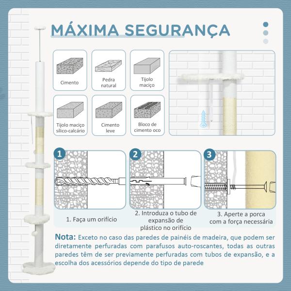 Arranhador para Gatos do Chão ao Teto com Altura Ajustável e 3 Plataformas em Forma de Nuvem 48x32x225 - 255 cm Branco