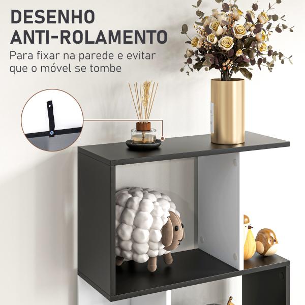 Estante para Livros Estante Alta de Parede com 5 Níveis em Forma de S Desenho Moderno 60x24x184,5 cm Branco e Preto