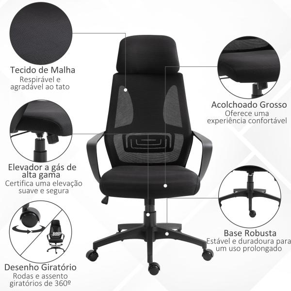 Cadeira de escritório ergonômica Cadeira de mesa inclinável ajustável em altura com encosto de braço Encosto de cabeça 5 rodas Suporta até 120 kg 64x58x116 - 126 cm Preto