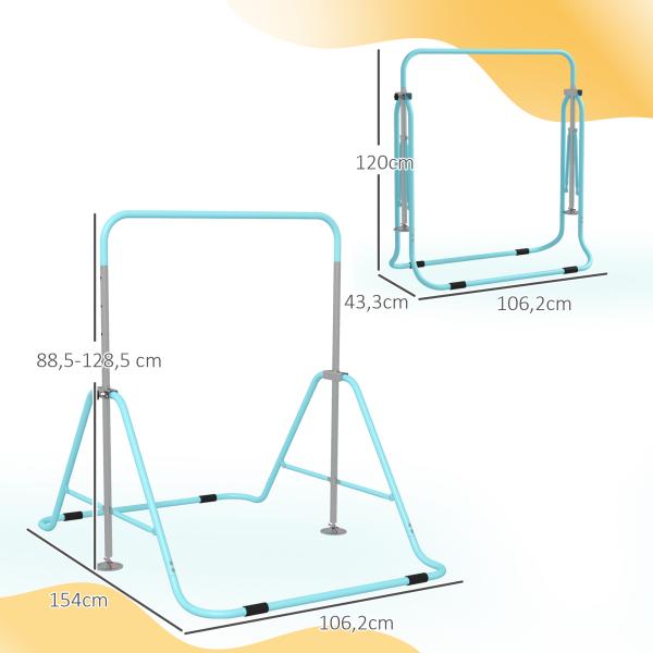 Barra de Ginástica para Crianças Dobrável com Altura Ajustável para Treino em Casa 154x106,2x88,5 - 128,5 cm Azul Celeste
